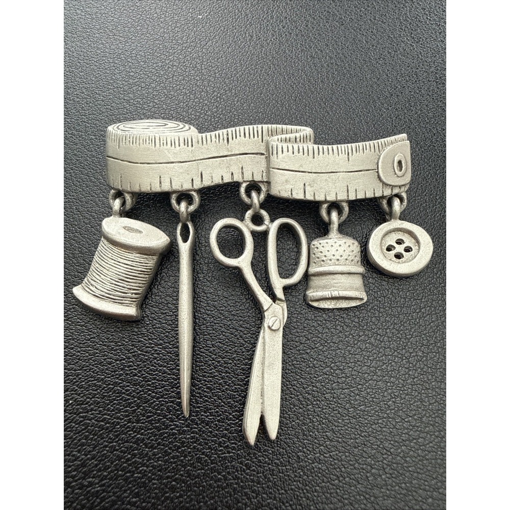 JJ Jonette Jewelry Silver Tone Brooch Pin Sewing Charms Scissors Thimble Signed